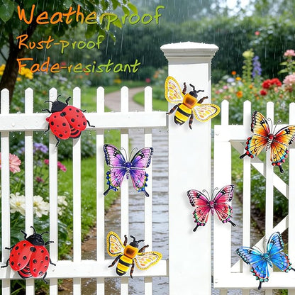 DEWEL 8 Pcs Metal Garden Decor for Outside, 3D Butterfly Ladybug Bee Outdoor Wall Decor, Outdoor Decor Wall Art, Colorful Hanging Decorations for Spring Garden Fence Patio Yard, Great Gift Choice