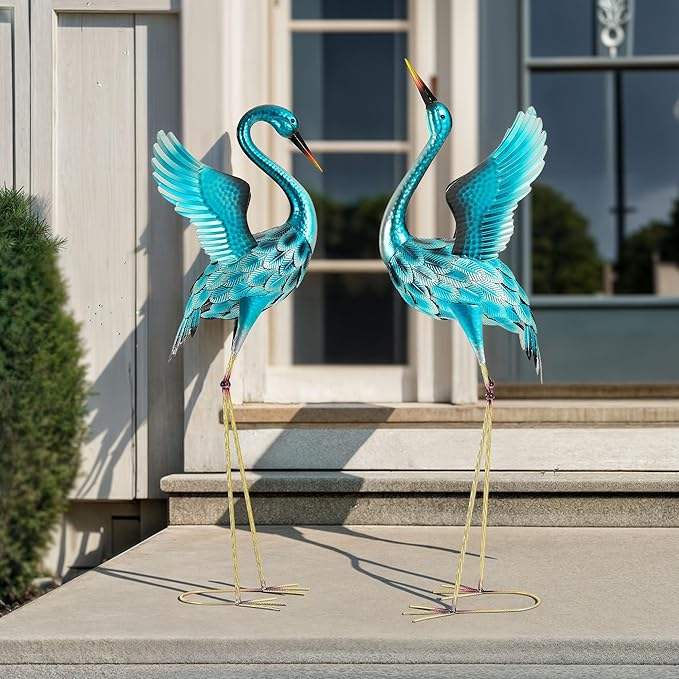 47.5" Extra-Large Blue Heron Decor, Handcrafted Metal Crane Garden Statue with Stable U-Ground Stakes, Backyard Decoration, Metal Garden Bird Animal Yard Art, Lawn Ornament