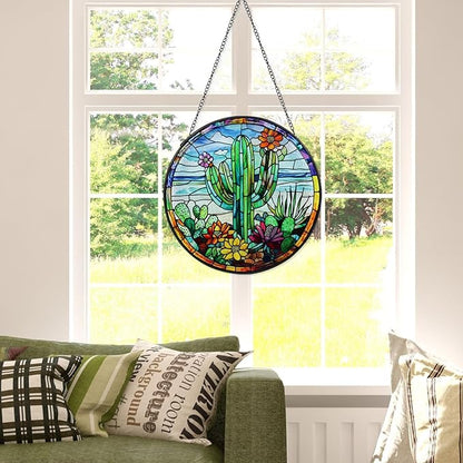 Cactus Stained Glass Window Hanging Suncatcher with Chain - 7.9" Arizona Outdoor/Indoor Art Decor for Home Garden, Thanksgiving, Wedding, Mother's, Valentine's & Christmas Ornaments Present