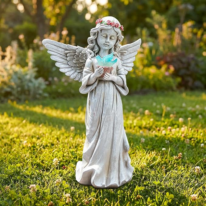 Angel Garden Statue Outdoor Decor, Angel Garden Figurine Hold Dove with Solar Lights Waterproof Resin Yard Art Decoration Lawn Ornament Sculpture for Outside Patio Yard Gift