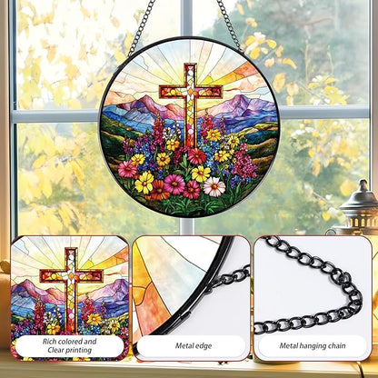 Cross Stained Glass Window Hanging, Cross Wildflowers Sun Catchers Indoor Window Plant Lover Gifts for Women Grandma, Wall SunCatchers Decor for Garden Home Birthday Christmas
