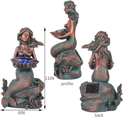 Mermaid Sitting on Rock Statue Decorations Animals Bird Bath Feeder Garden Statue Light Up Figurines Princess Ornament Indoor Outdoor Sculpture Gift for Home Yard Patio Decor