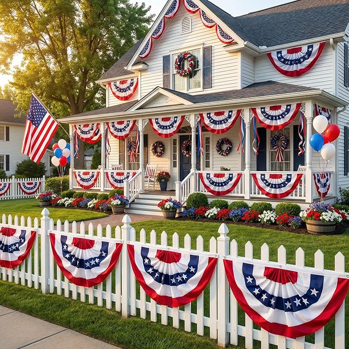 6 x 3 Ft 4th of July Decorations Big American Pleated Fan Flag, 3 Pcs Patriotic Decorations American Flag Bunting, Red White and Blue Half Fan Banner Bunting Flags Outdoor Indoor for Memorial Day Decor
