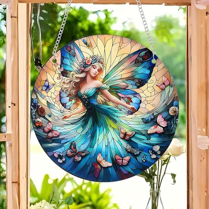 Butterfly Girl Fairy Suncatcher Acrylic Flower Fairy Window Hanging Stained Sun Catchers Indoor Window Decor with Chain Home Garden Decoration 7.8 inch YKA188 (C)