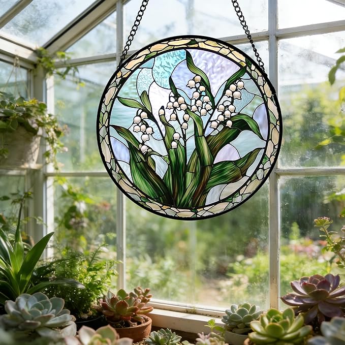 Stained Glass Window Hanging, White Green Lily of The Walley Flowers Sun Catcher for Door Home Decor Plants Suncatcher Christmas Mother's Day Birthday Gifts for Women Men Mom Nana 15 in