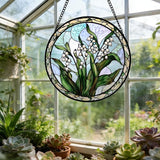 Stained Glass Window Hanging, White Green Lily of the Walley Flowers Sun Catcher for Door Home Decor Plants Suncatcher Christmas Mother's Day Birthday Gifts for Women Men Mom Nana 11.8 in