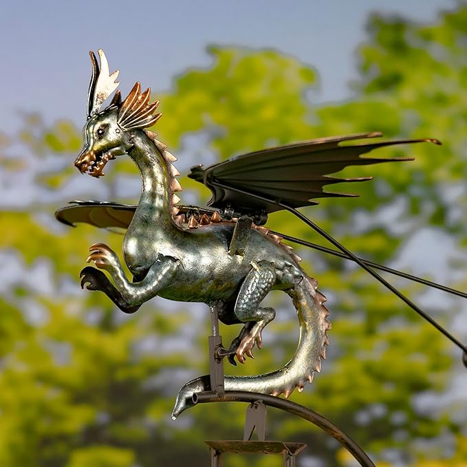 Zaer Ltd. Flying Dragon Garden Stake, 54.75" Tall Metal Rocking Decoration, Metallic Finish, Weighted Balance Design (Set of 4)