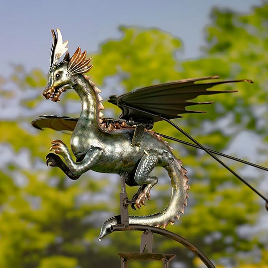 Zaer Ltd. Flying Dragon Garden Stake, 54.75" Tall Metal Rocking Decoration, Metallic Finish, Weighted Balance Design (Bomris)