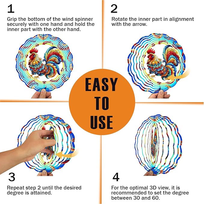 Rooster Wind Spinner, 3D Hanging Stainless Steel Garden Spinner, Wind Spinner Hanging for Outdoor & Indoor Décor, Unique Gifts for Yard Garden Decoration or Patio Décor (Rooster)