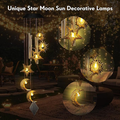 Colingmill Solar Wind Chimes for Outside Waterproof Hanging Wind Chimes Lights Outdoor Decor Yard Garden Gifts for Mother Mom Grandma Wife Neighbors(Sun Moon Star,Warm Colored Lights)