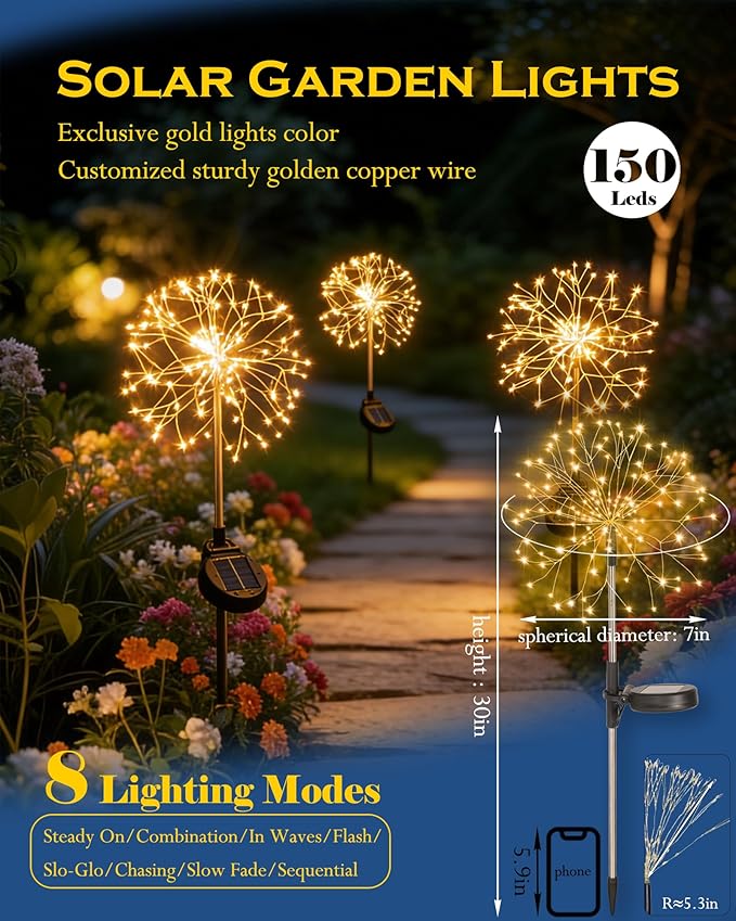 Solar Garden Lights Outdoor Yard Decorations, 8 Pack 150Leds Pathway Lights, Fairy Firework Stake Light for Garden, Patio, Pathway, Flowerbed Gold Color