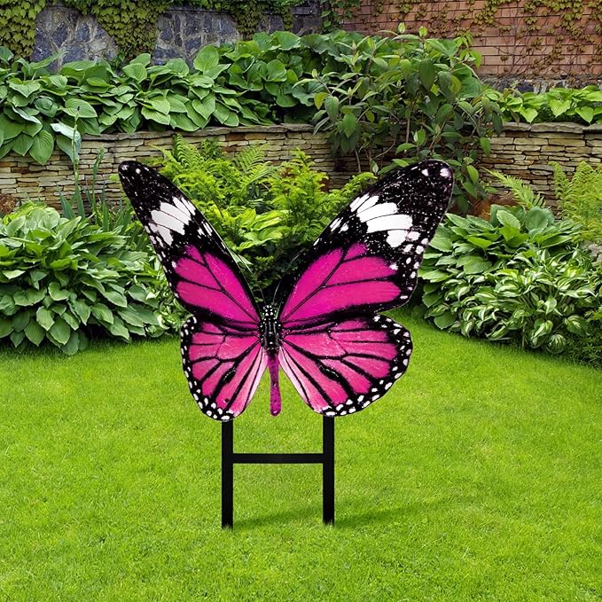 1 Pcs Spring Metal Butterfly Garden Stakes Decor 16.5 Inch Decorative Pink Purple Butterfly Yard Stake Outdoor Insect Decor Metal Garden Art Ornaments for Patio Porch Lawn Backyard