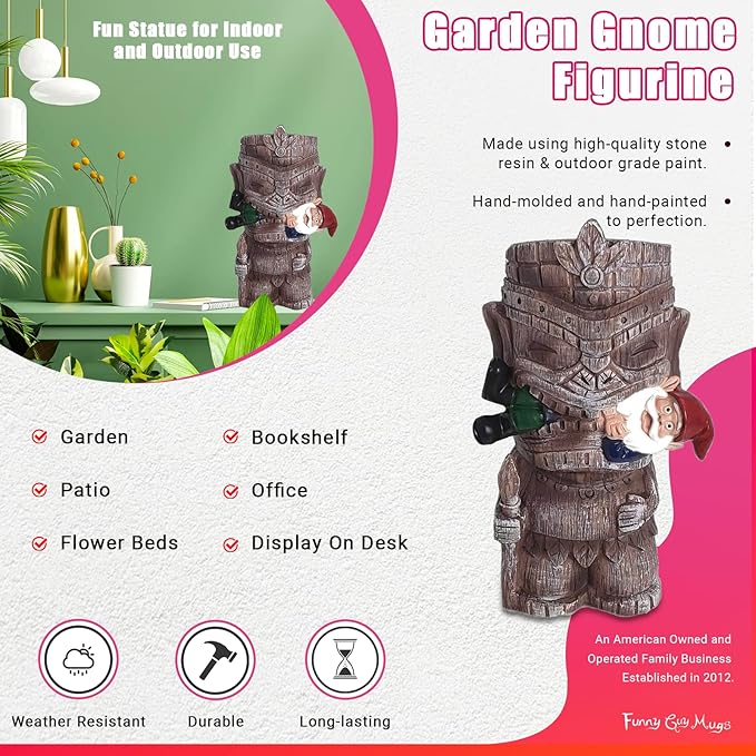 Funny Guy Mugs Garden Gnome Statue - Tiki and A Gnome - Indoor/Outdoor Garden Gnome Sculpture for Patio, Yard or Lawn