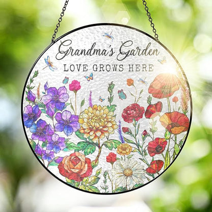 FLAGWIX Grandma Gifts - Grandmas Garden Stained Glass Window Hanging with Base 8 in - Mothers Day Decorations Nana Gigi Gifts for Grandma, Sun Catchers Indoor Window for Home Garden Decor