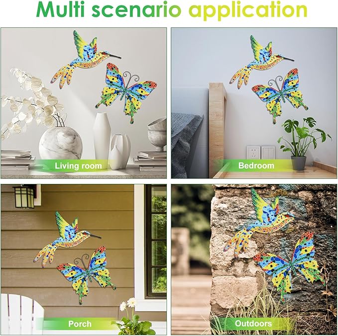YLMFTNU 2Pcs Metal Wall Decor, Outdoor Wall Art Decor, 3D Hummingbird Wall, Art Hanging Wall, Colorful Garden Birds Sculpture, Wall Art Decorations for Bedroom Patio Yard 26x22cm