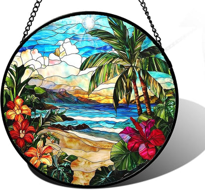 DASTOLL Stained Glass Window Hanging, Blue Beach Scenery Suncatcher Diamond Glass Panel Hangings Sun Catchers Decor for Birthday for Women, Men, Wife, Aunt, and Mom 11.8x11.8 in