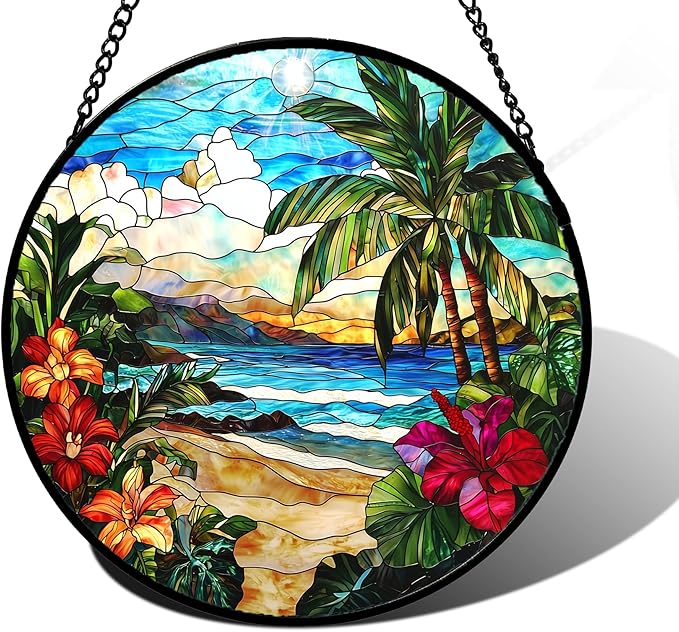 DASTOLL Stained Glass Window Hanging, Blue Beach Scenery Suncatcher Diamond Glass Panel Hangings Sun Catchers Decor for Birthday for Women, Men, Wife, Aunt, and Mom 6.3 in