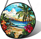 DASTOLL Stained Glass Window Hanging, Blue Beach Scenery Suncatcher Diamond Glass Panel Hangings Sun Catchers Decor for Birthday for Women, Men, Wife, Aunt, and Mom 7.8 in