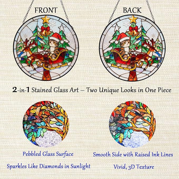 Double Sided Stained Glass Window Hanging, 7.9" Sun Catcher Panel, Green Plant Wall Art for Home & Garden, Unique Gift for Women & Men (Cute Cat Sleigh, 7.9 Inch)