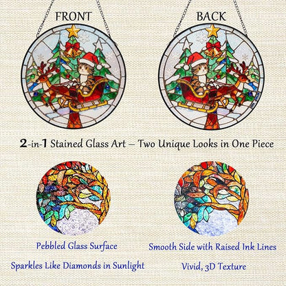 Double Sided Stained Glass Window Hanging, 7.9" Sun Catcher Panel, Green Plant Wall Art for Home & Garden, Unique Gift for Women & Men (Cute Cat Sleigh, 7.9 Inch)