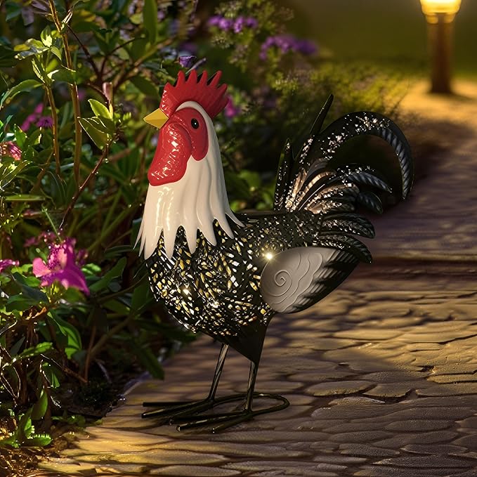 Metal Rooster Statue Yard Decor - 15" Solar Light Metal Yard Art Standing Chicken Statue Garden Decoration, Large Animal Sculpture Chicken Figture for Outdoor Porch Patio Backyard Lawn Ornament