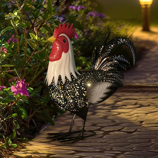 Metal Rooster Statue Yard Decor - 15" Solar Light Metal Yard Art Standing Chicken Statue Garden Decoration, Large Animal Sculpture Chicken Figture for Outdoor Porch Patio Backyard Lawn Ornament