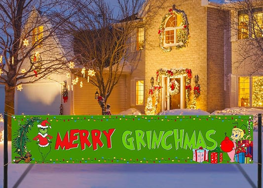Nepnuser Green Christmas Fence Banner Winter Holiday Party Decoration Xmas Large Home Garden Outdoor Yard Hanging Sign Decor-1.6 * 8.2ft (Green-A)