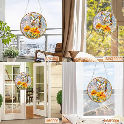 Banax Stained Glass Window Hanging Sunrise Suncatcher, 8 Inch Round Sunflower Glass Sun Catcher for Window Wall Art for Home, Patio, Porch, Outdoor Garden Décor Gift