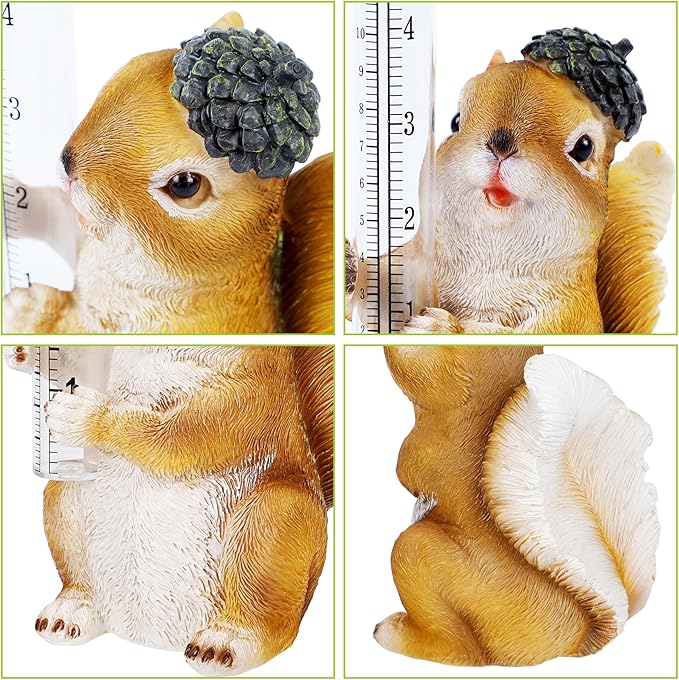 FORUP Resin Squirrel Rain Gauge, Hand Painted Squirrel Sculpture Water Gauge