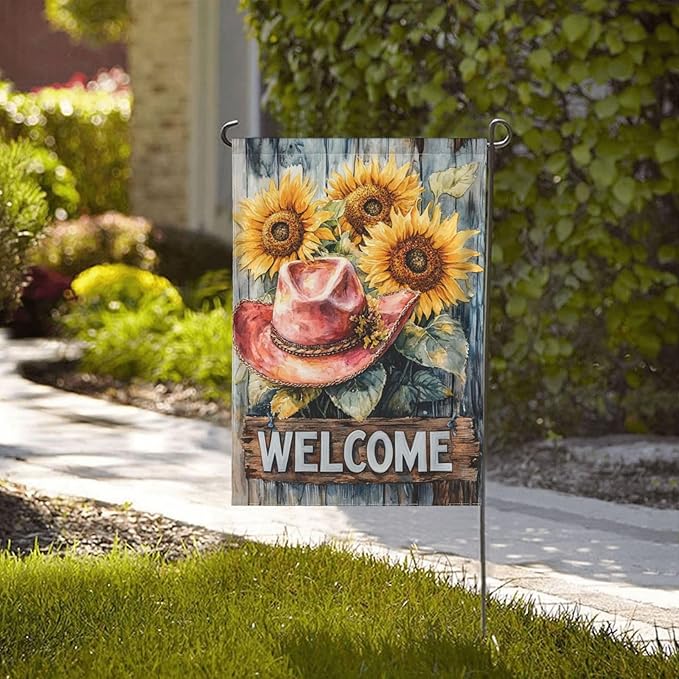 Welcome Cowgirl Sunflower Garden Flags 12×18 Inch Double Sided Decorative Yard Banner Seasonal Flag for Outdoor Outside Decor