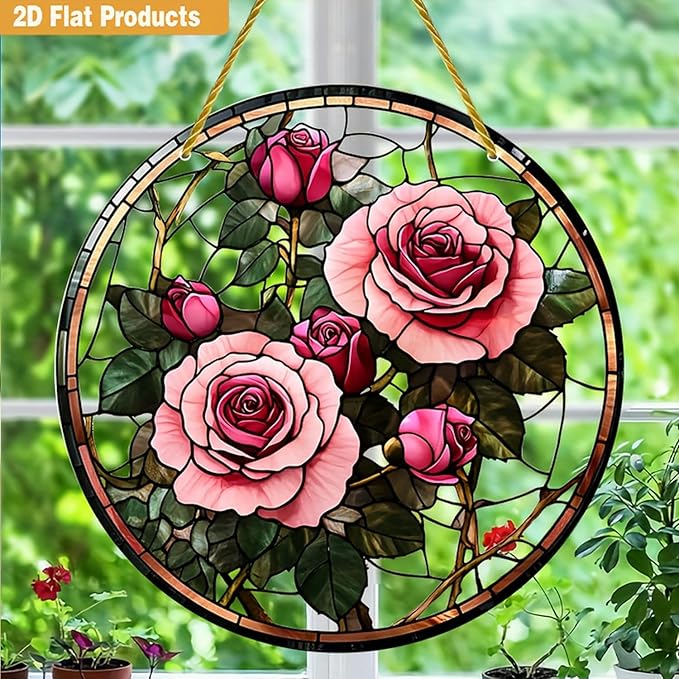Valentine's Day SunCatcher Ornament for Stained Glass Window Hanging Pink Rose Romantic Valentine's Window Suncatchers Round Garden Ornaments Decor for Wife Women Girlfriend Gift