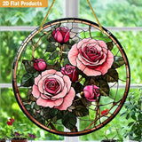 Valentine's Day SunCatcher Ornament for Stained Glass Window Hanging Pink Rose Romantic Valentine's Window Suncatchers Round Garden Ornaments Decor for Wife Women Girlfriend Gift