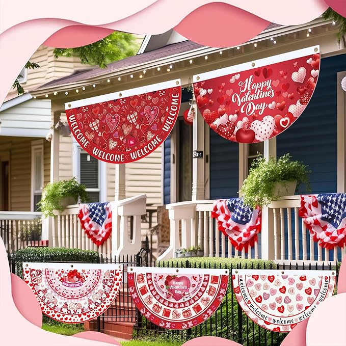 6 Pcs Valentine's Day Bunting Fan Flag Love Heart Bunting Banner Romantic Valentine's Day Garden Half Fan Banner Decoration Holiday Indoor Outdoor Yard Decor, 1.5 x 3 ft