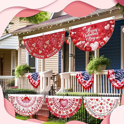 6 Pcs Valentine's Day Bunting Fan Flag Love Heart Bunting Banner Romantic Valentine's Day Garden Half Fan Banner Decoration Holiday Indoor Outdoor Yard Decor, 1.5 x 3 ft