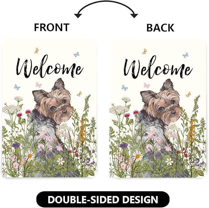 Floral Yorkie Garden Flag Spring Summer House Flags 28 x 40 Double Sided Flower Dog Yard Flags for Outside Large Outdoor Welcome Flags