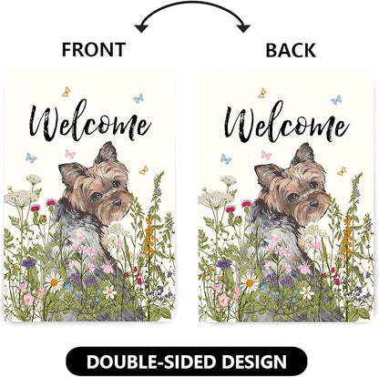 Floral Yorkie Garden Flag Spring Summer House Flags 28 x 40 Double Sided Flower Dog Yard Flags for Outside Large Outdoor Welcome Flags