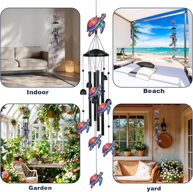 36" Sea Turtle Wind Chimes for Outside that Hum Bright, Cheerful Melodies, Aluminum Windchimes with 4 Tubes & 6 Bells, Sea Turtle Gifts for Women Mom Grandma, Patio Garden Memorial Decor