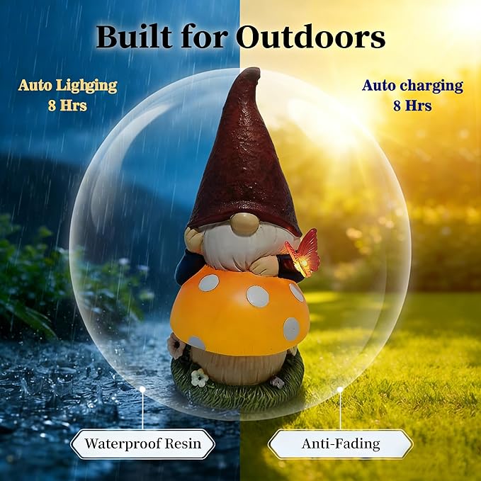 Solar Garden Gnome with mushroom for Garden Decor: IP44 Weatherproof Resin with Automatic Lighting - No Installation- Outdoor Yard Patio Balcony Art - Birthday Gifts for Bird Lovers Mom Grandma Women