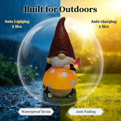 Solar Garden Gnome with mushroom for Garden Decor: IP44 Weatherproof Resin with Automatic Lighting - No Installation- Outdoor Yard Patio Balcony Art - Birthday Gifts for Bird Lovers Mom Grandma Women
