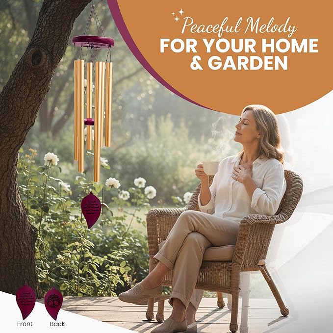 Memorial Wind Chimes for Loss of Loved One - 36" Tree of Life, Deep Toned Sympathy Windchimes Outdoors, Porch Decor, Double-Sided Engraved, Bereavement Gifts for Loss of Father, Mother - Gold
