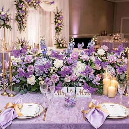 24 Pcs Glitter Dragonfly Decorations, Purple 3D Dragonfly Wall Decor with Clips Stem for Spring Summer Garden Party Wedding, Glitter Dragonflies for Floral Arrangement DIY Craft