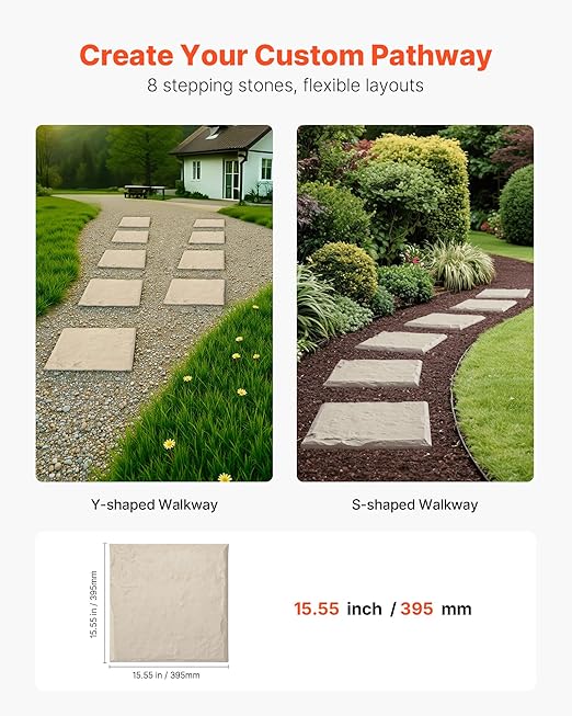 VEVOR Garden Stepping Stones, 8Pcs 15.5 x 15.5 in, Decorative Stepping Stones with Stakes, Weather-Resistant Plastic Pathway Pavers, Smooth Surface, Outdoor Walkway for Lawn Patio Landscape, Beige