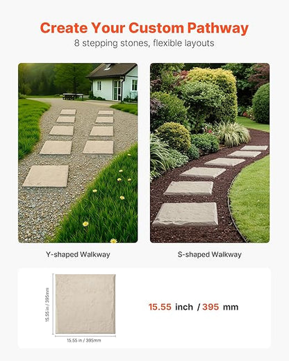 VEVOR Garden Stepping Stones, 8Pcs 15.5 x 15.5 in, Decorative Stepping Stones with Stakes, Weather-Resistant Plastic Pathway Pavers, Smooth Surface, Outdoor Walkway for Lawn Patio Landscape, Beige