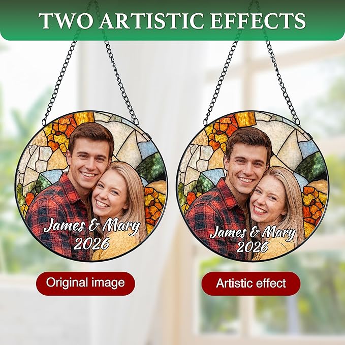 Personalized Stained Glass Windows Hanging, Her Him Picture Suncatcher Ornament, Custom Photo Gift, Birthday Boyfriend Girlfriend Couples Gifts
