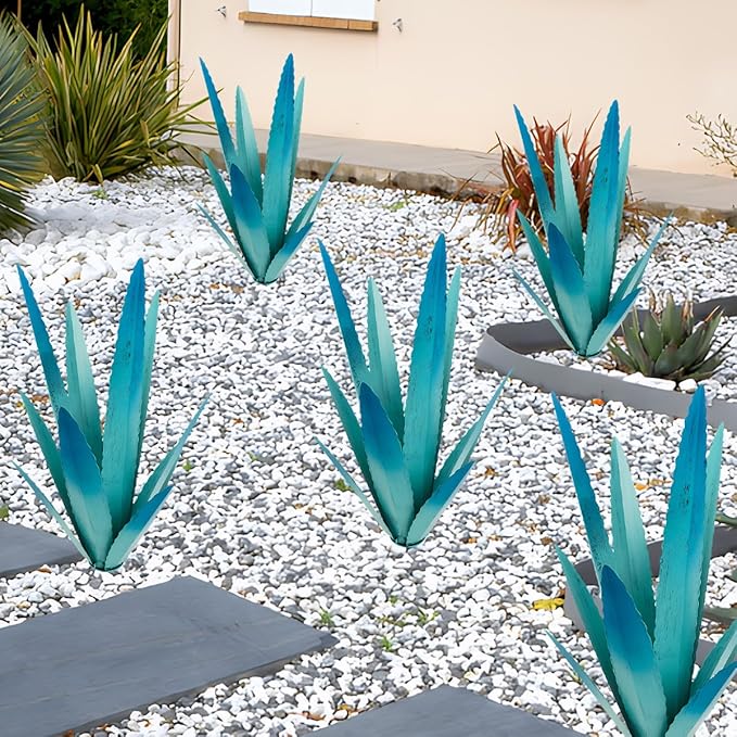 EROCK 2 Pcs Tequila Rustic Sculpture, Wind Resistant Metal Agave Plant Outdoor Home Decor, DIY Rustic Hand Painted Metal Agave Garden Art Plant Country Sculpture Statue Patio Stake Lawn Ornament Gift