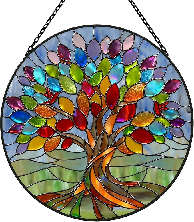 Stained Glass Window Hangings, Tree of Life with Hummingbird Suncatchers for Window, Treasured Gift for Mom, Grandma, Family and Friends (Colorful, 6.7x6.7 in)