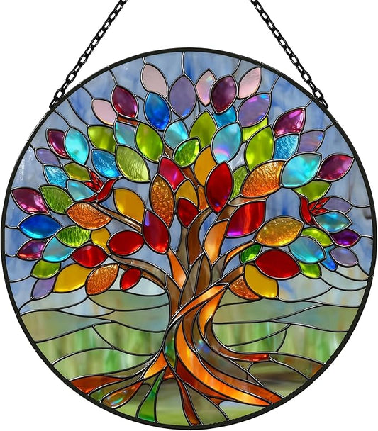 Stained Glass Window Hangings, Tree of Life with Hummingbird Suncatchers for Window, Treasured Gift for Mom, Grandma, Family and Friends (Colorful, 6.7x6.7 in)