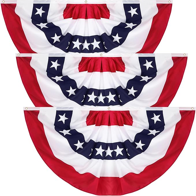 3 Pack 2.5x5 FT USA Pleated Fan Flags, American Patriotic Half Fan Bunting, 4th of July Decorations 250th Anniversary Polyester Red White Blue Decor for Independence Day Outdoor Indoor Porch Garden