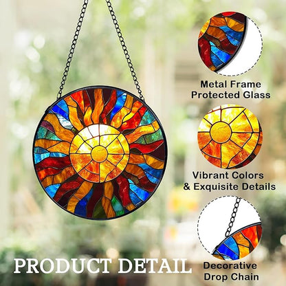 Stained Glass Window Hanging, Sunrise Suncatcher for Window Doors Garden Home Decoration, Abstract Colorful Glass Panel Ornaments for Women,Men,Wife, Lovers, and Mom 7.8×7.8 in