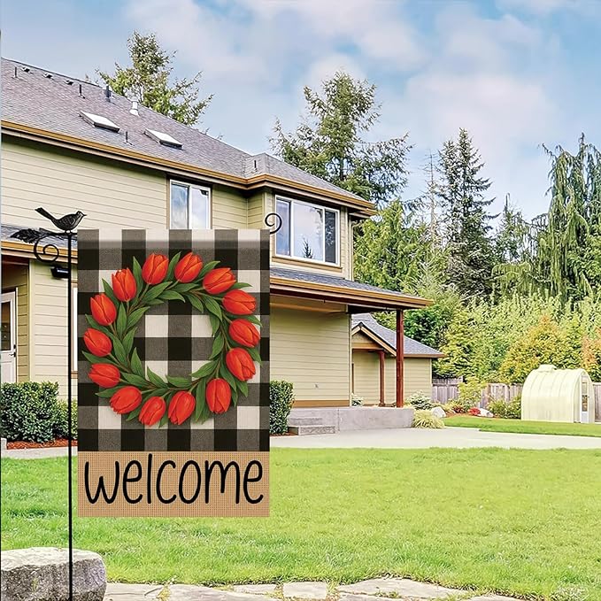 Buffalo Plaid Welcome Wreath Garden Flag 12x 18 Inch Double Sided Tulip Flower Flag Spring Outdoor Fall Autumn Farmhouse Outdoor Small Decor for Porch Lawn Patio Yard